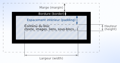 Explication des différentes parties d'une boîte : marge, bordure, espacement intérieur et largeur et hauteur du contenu